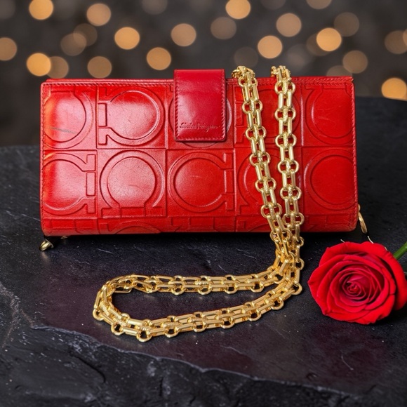 Salvatore Ferragamo Handbags - Ferragamo Gancini Embossed Red Long Wallet W/Unbranded Chain Insert (A352)